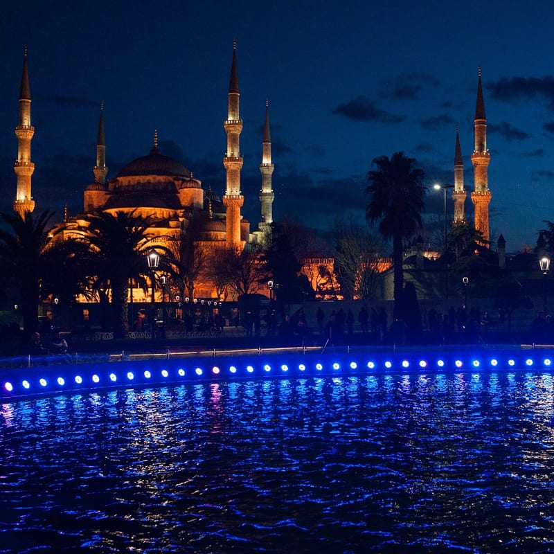 Blue Mosque at night. Istanbul, Turkey, Southeastern Europe.